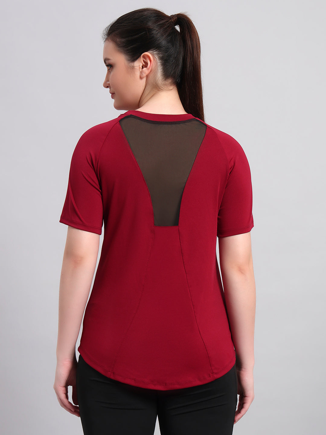 Nylon Women Workout Back Mesh T-Shirt - Maroon