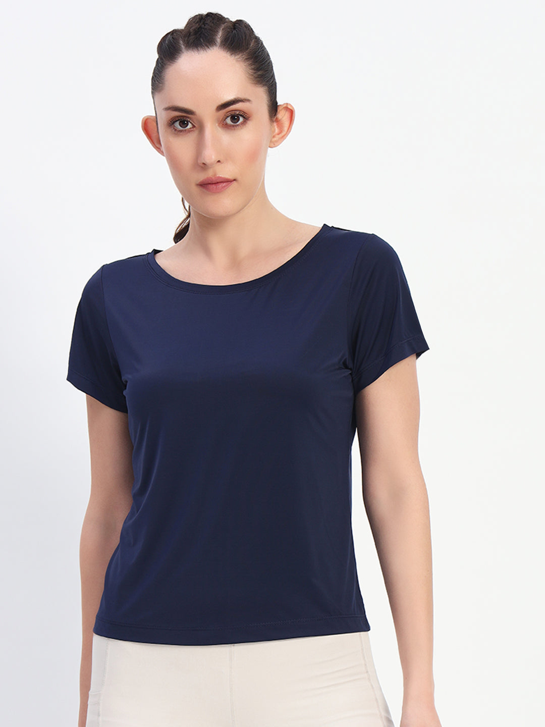 NYLON Deep Neck Workout T-Shirt - Navy Blue