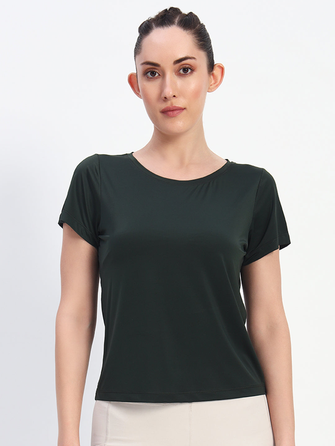 NYLON Deep Neck Workout T-Shirt - Olive Green