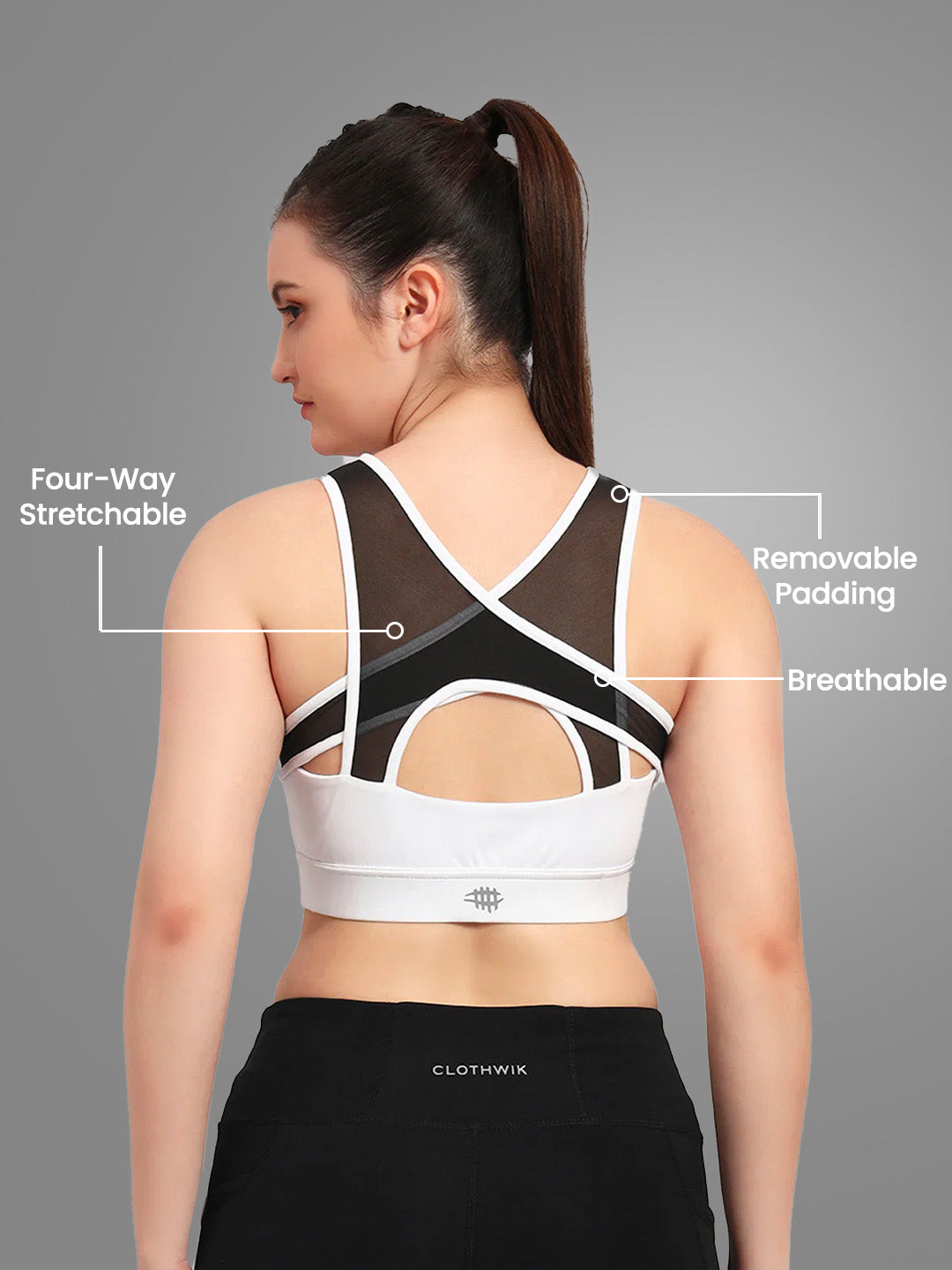 Nylon Back Cross Design Sports Bra _ White