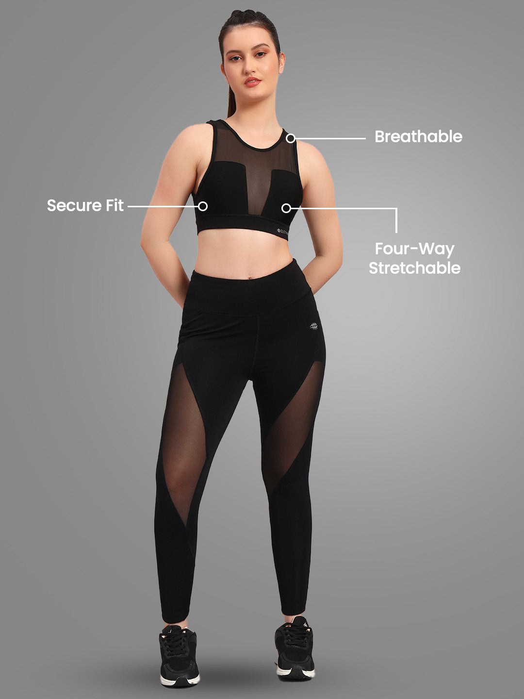 Nylon High Impact Workout Bra With Mesh – Black