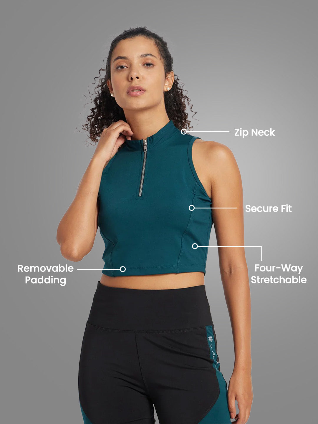Nylon Workout Zip Neck Top - Royal Green