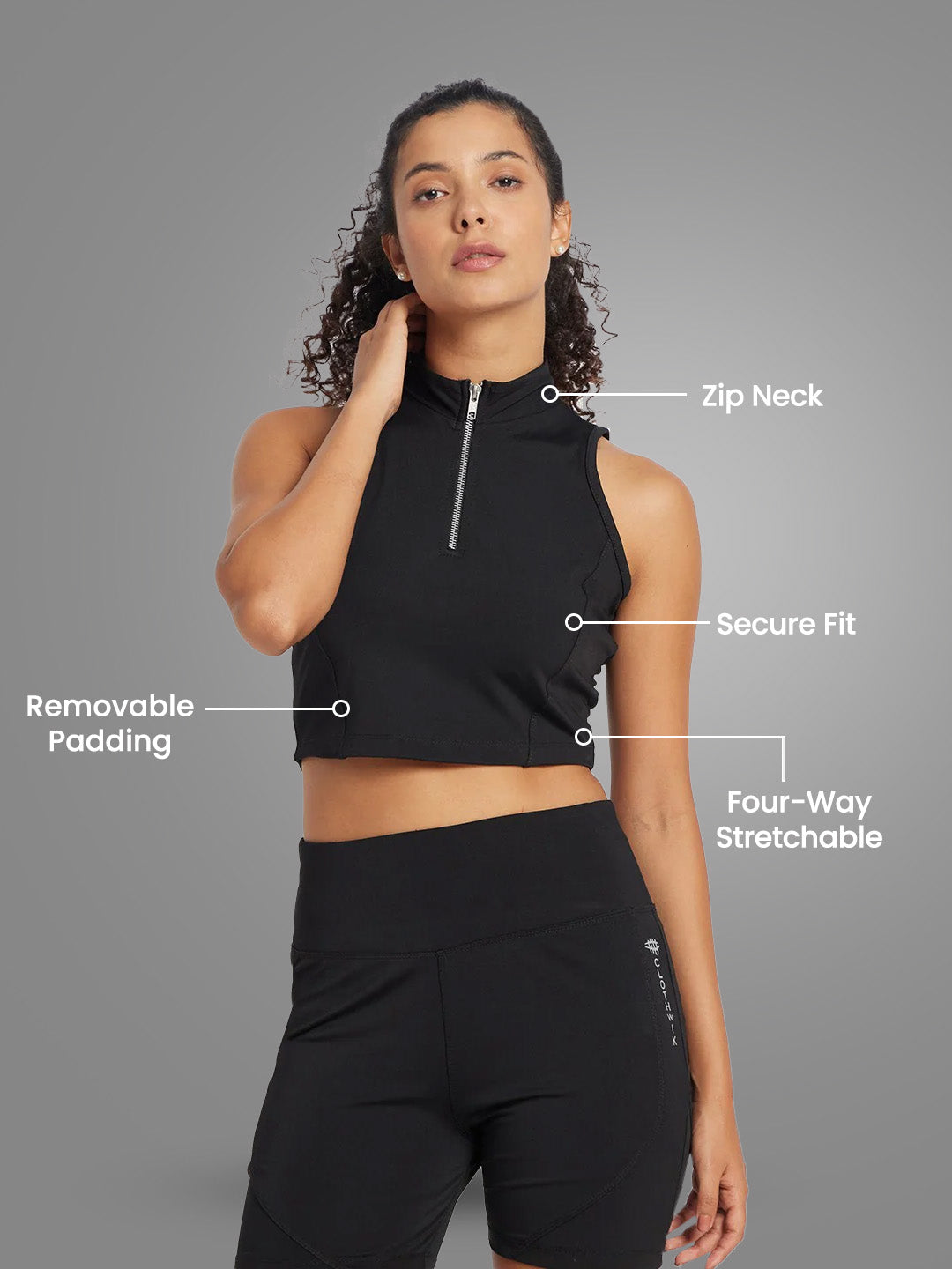 Nylon Workout Zip Neck Top – Black